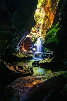 Beautiful canyon and waterfall in Blue Mountains Australia wilderness area  The start of the canyon which involves rope climbs and deep water swims through narrow caverns