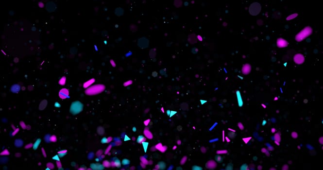 Abstract neon 3d rendered background. Geometrical elements and particles fly on black. Colorful concept for night party poster