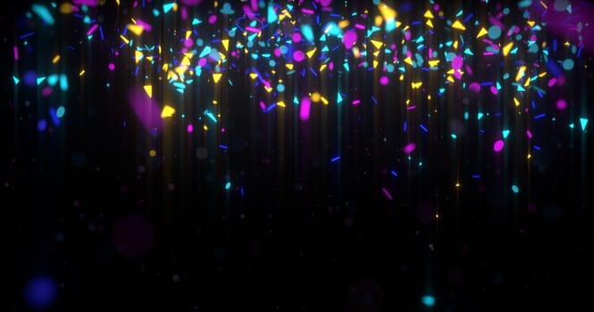 Abstract neon 3d rendered background. Geometrical elements and particles fly on black. Colorful concept for night party poster