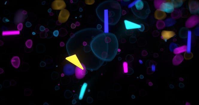 Abstract neon 3d rendered background. Geometrical elements and particles fly on black. Colorful concept for night party poster