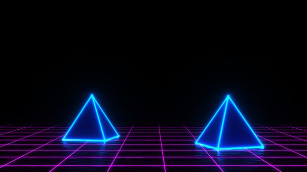 3d render of neon pyramid on grid background. Banner design. Retrowave, synthwave, vaporwave illustration.