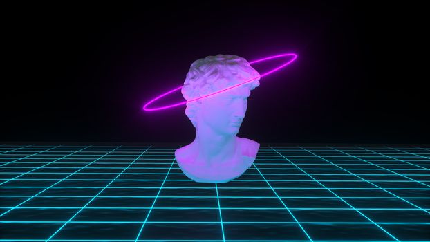 Abstract David's bust with neon gloving light on grid background. Banner design. Retrowave, synthwave, vaporwave illustration. Party and sales concept. 3d render illustration