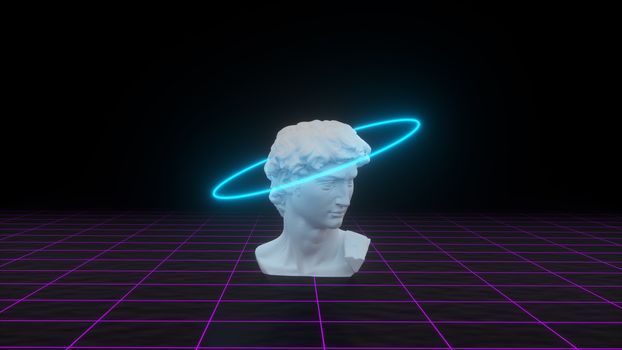 Abstract David's bust with neon gloving light on grid background. Banner design. Retrowave, synthwave, vaporwave illustration. Party and sales concept. 3d render illustration