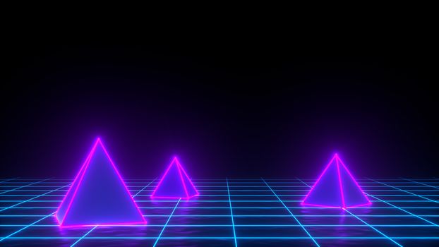 3d render of neon pyramid on grid background. Banner design. Retrowave, synthwave, vaporwave illustration.