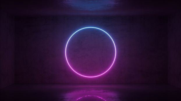 3d render of neon circle frame on background in the room. Banner design. Retrowave, synthwave, vaporwave illustration. Party and sales concept