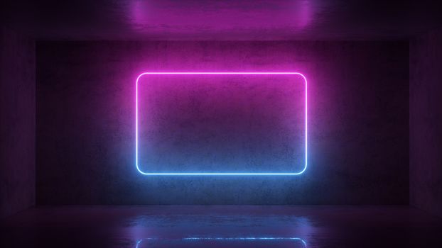 3d render of neon frame on background in the room. Banner design. Retrowave, synthwave, vaporwave illustration. Party and sales concept