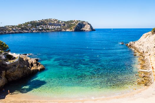 Elevated view of Cala Fonoll beach in north west of Majorca palma island in Spain