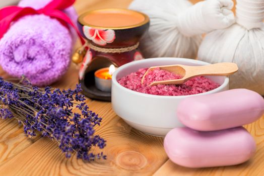 lavender still life for spa procedures, objects close-up on wooden boards