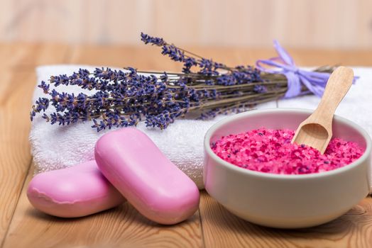 cleanliness and health concept photo - soothing lavender spa treatments objects close up