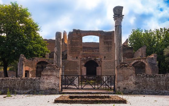 The Three Exedras building ruins of Villa Adriana or Hardrians Villa archaeological site of Unesco in Tivoli - Rome - Lazio - Italy .