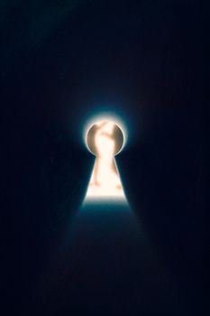 Keyhole with rays of bright light from it on dark blue background. Through keyhole talking man and woman can be seen.