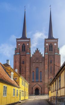 Roskilde Cathedral is a cathedral of the Lutheran Church of Denmark.  The first Gothic cathedral to be built of brick, it encouraged the spread of the Brick Gothic style throughout Northern Europe.