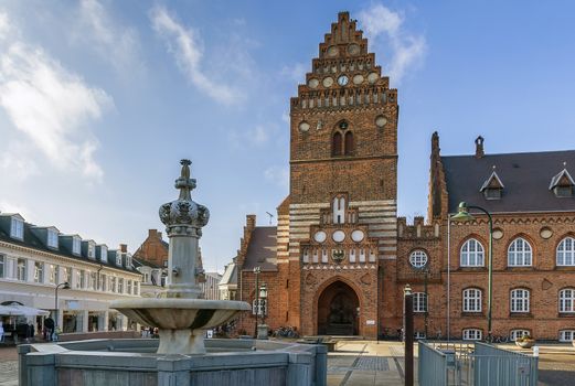 Town hal in Roskilde is 19th century building in Neo-gothic style. The Gothic tower, the only remain of the St. Lawrence church, built in the early 12th century and destroyed during the Reformation. 