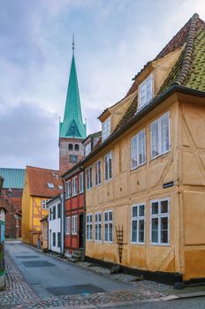 Street with historical houses in the Helsingor city centre, Denmark