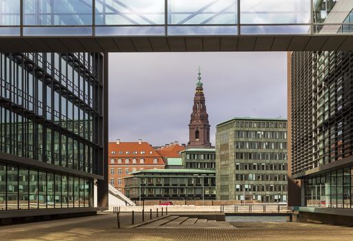 view of the Christiansborg Palace tower from channel other side, Copenhagen