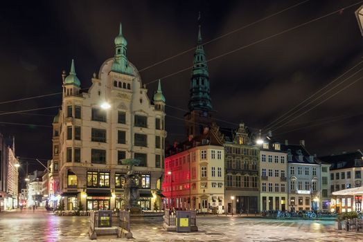 Evening. Hojbro Square is a rectangular public square located in the City Centre of Copenhagen, Denmark. 