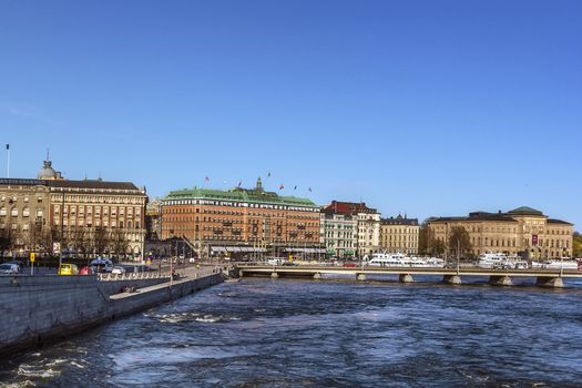 view of embankment in central Stockholm with Grand hotel, Sweden