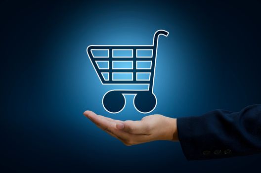 hand businessman Cart Shopping technology world digital Shopping order transactions on the internet  Trading on the world online pay dept. Blue tone