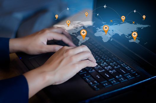 Press enter button on the computer. business logistics Communication network World map send message Connect worldwide hand keyboard Communications network map of the world Blue map Dark blue background map world global logistics network