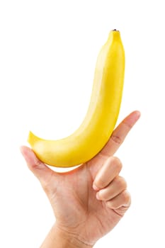 Hand holding ripe banana fruit isolated on white background, Save clipping path.