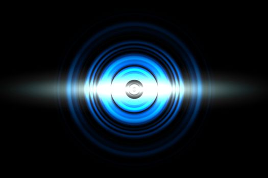 Sound waves oscillating blue light with circle spin, abstract background