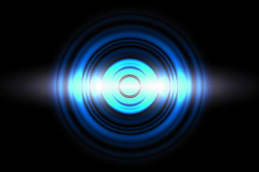 Sound waves oscillating blue light with circle spin, abstract background