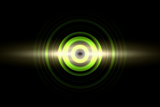 Sound waves oscillating green light with circle spin, abstract background