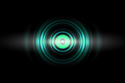 Sound waves oscillating green light with circle spin, abstract background