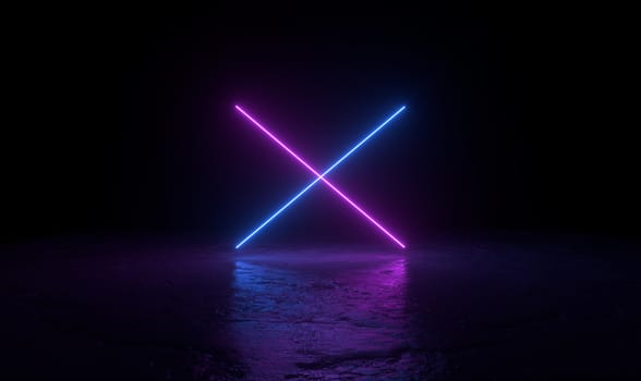 3d abstract background render, two pink and blue neons light on the ground, retrowave and synthwave illustration. Futuritic concept