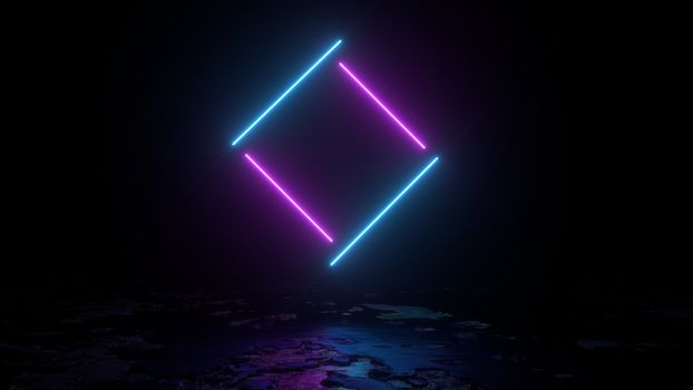 3d abstract background render, pink and blue neon lights lines fly over the ground, retrowave and synthwave illustration. Futuritic concept