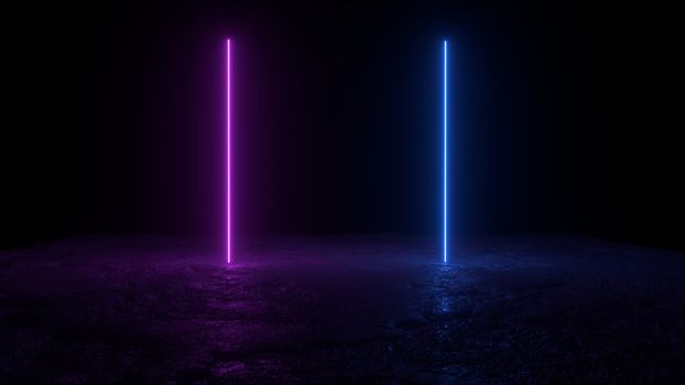 3d abstract background render, two pink amd blue neon lights on the ground, retrowave and synthwave illustration. Futuritic concept