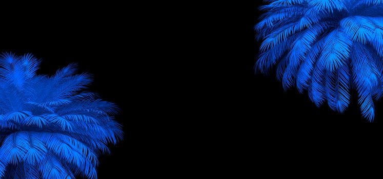 3d render of neon palm leaves on the black. Banner design. Retrowave, synthwave, vaporwave illustration. Party and sales concept