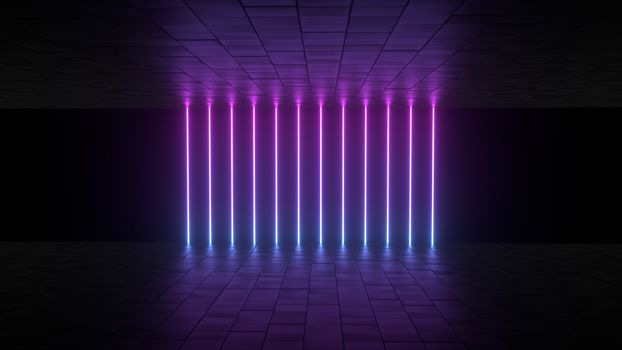 3d abstract background render, pink and bue neon lights in the room, retrowave and synthwave illustration. Futuritic concept