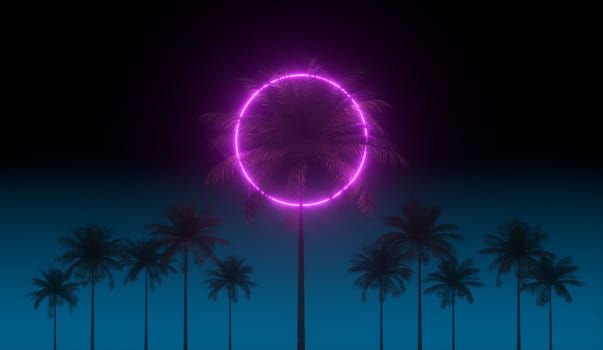 3D vaporwave render background with neon circle, palms and night blue sky. Synthwave 1980s rentowave illustration. Yesterday's tomorrow scene