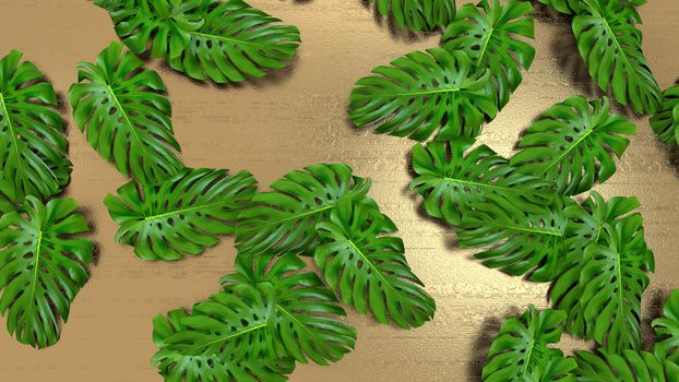 3D render of realistic monstera leaves on gold background for cosmetic ad or fashion illustration. Tropical frame exotic banana palm. Sale banner design.
