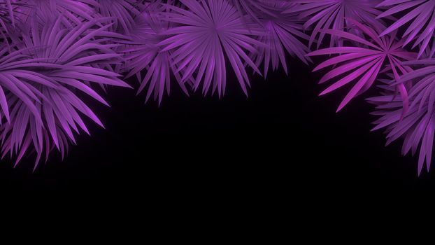 3d render of neon palm leaves on black background. Banner design. Retrowave, synthwave, vaporwave illustration. Party and sales concept