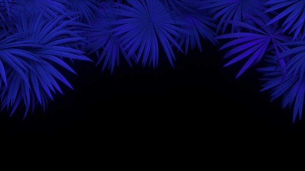 3d render of neon palm leaves on black background. Banner design. Retrowave, synthwave, vaporwave illustration. Party and sales concept