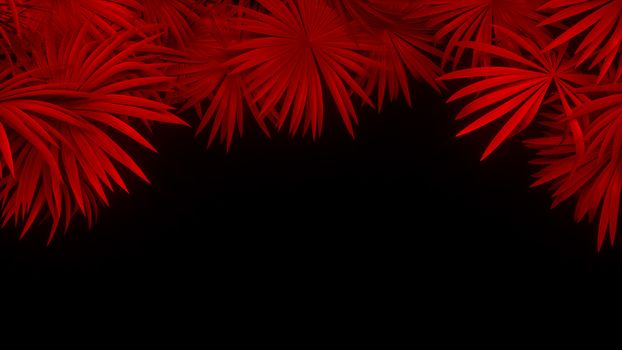 3d render of neon palm leaves on black background. Banner design. Retrowave, synthwave, vaporwave illustration. Party and sales concept