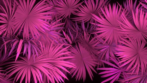 3d render of neon palm leaves on black background. Banner design. Retrowave, synthwave, vaporwave illustration. Party and sales concept