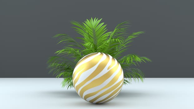 3d render abstract background with palm leaves, sphere and golden grid. Modern minimal design. Trendy background for product design or text presentation. Memphis design style.