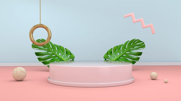 3d render abstract background with podium, spheres, golden elements and palm leaves in minimal pink Memphis style.