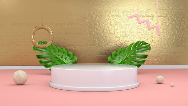 3d render abstract background with podium, spheres, golden elements and palm leaves in minimal pink Memphis style.