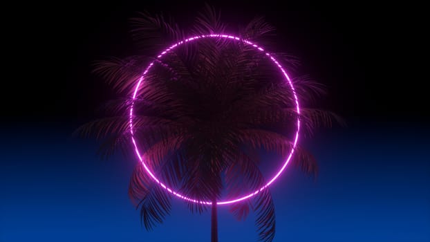 3D vaporwave render background with neon circle, palms and night blue sky. Synthwave 1980s rentowave illustration. Yesterday's tomorrow scene