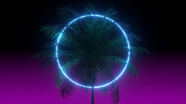 3D vaporwave render background with neon circle, palms and night violet sky. Synthwave 1980s rentowave illustration. Yesterday's tomorrow scene