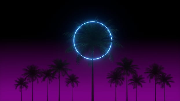 3D vaporwave render background with neon circle, palms and night violet sky. Synthwave 1980s rentowave illustration. Yesterday's tomorrow scene