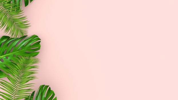 3D render of realistic palm leaves on pink background for cosmetic ad or fashion illustration. Tropical frame exotic banana palm. Sale banner design.