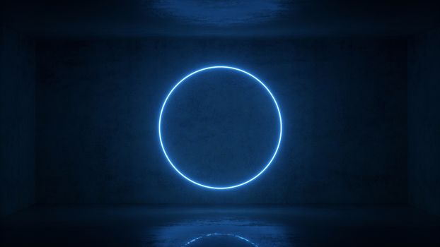 3d render of neon circle frame on background in the room. Banner design. Retrowave, synthwave, vaporwave illustration. Party and sales concept