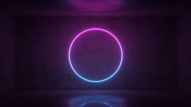 3d render of neon circle frame on background in the room. Banner design. Retrowave, synthwave, vaporwave illustration. Party and sales concept