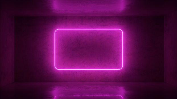 3d render of neon frame on background in the room. Banner design. Retrowave, synthwave, vaporwave illustration. Party and sales concept