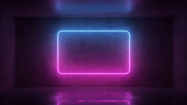 3d render of neon frame on background in the room. Banner design. Retrowave, synthwave, vaporwave illustration. Party and sales concept